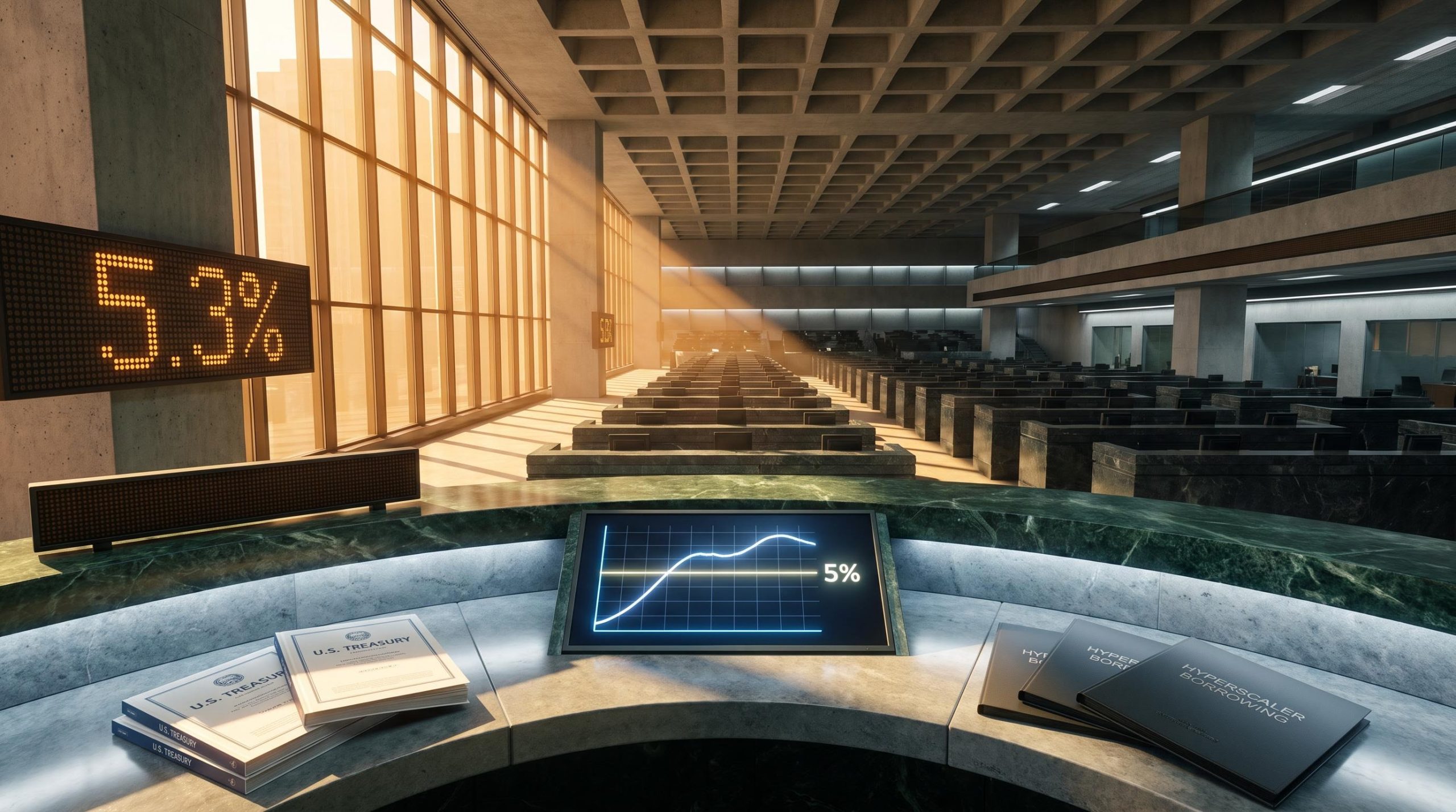 30-year Treasury yield curve chart above 5% on bond trading floor amid US yield curve steepening