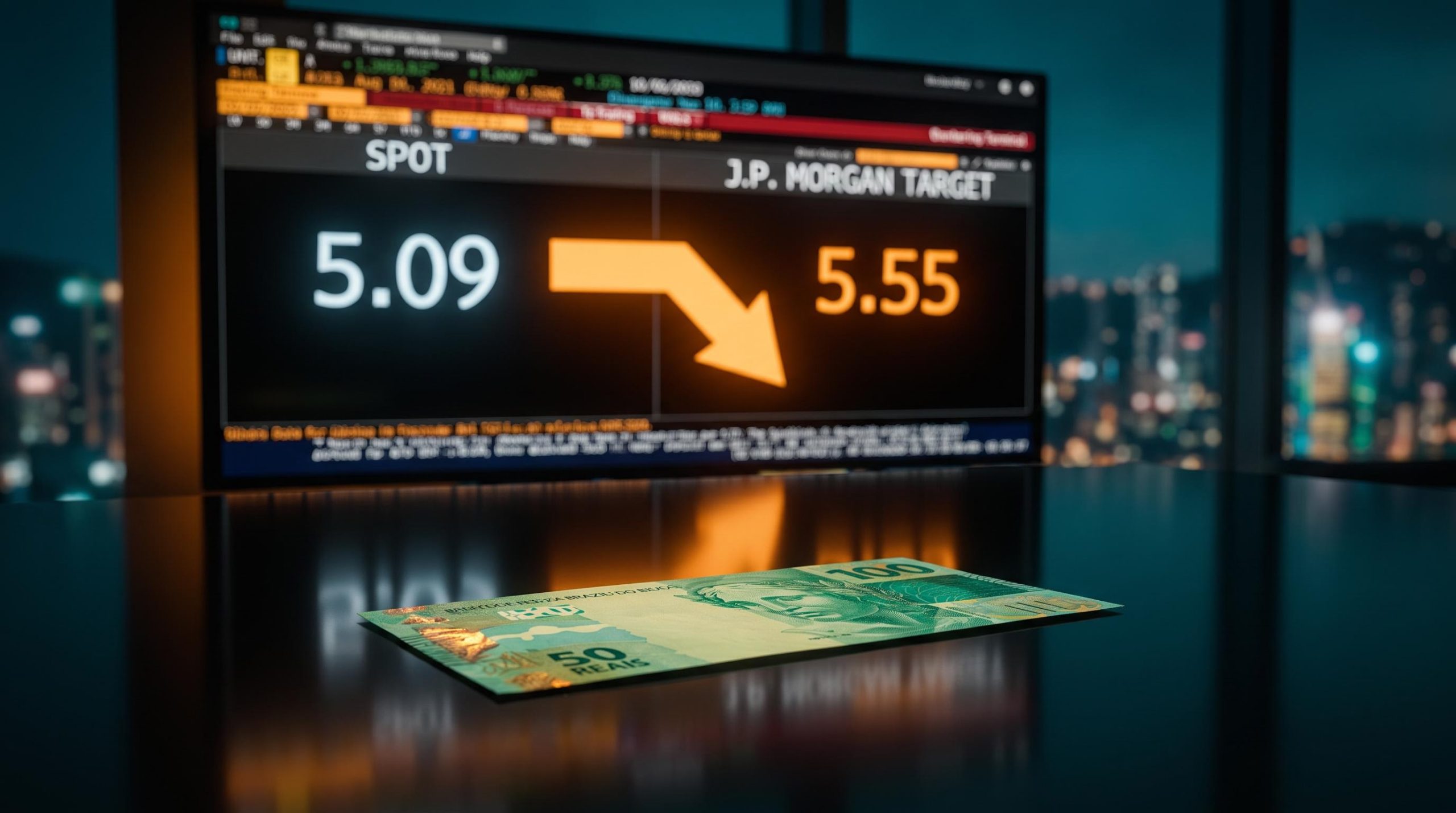 Brazilian Real banknote beside trading screen showing USD/BRL spot 5.09 vs bearish year-end forecasts of 5.55