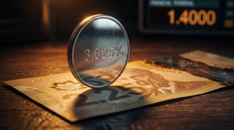 USD coin pressing down on Canadian dollar bill showing 125bps rate differential driving USD/CAD toward 1.4000