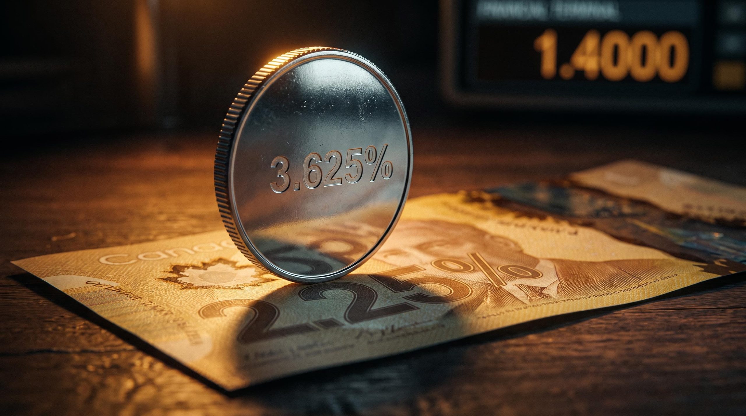 USD coin pressing down on Canadian dollar bill showing 125bps rate differential driving USD/CAD toward 1.4000