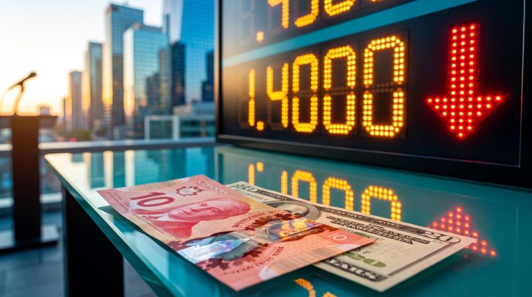 USD/CAD forecast: exchange board showing 1.4000 beside US and Canadian banknotes after the Fed and Bank of Canada decisions