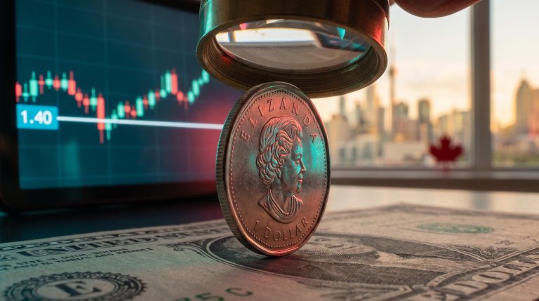 Canadian loonie coin on a US dollar note with 1.40 level on a screen, illustrating the USD/CAD forecast standoff