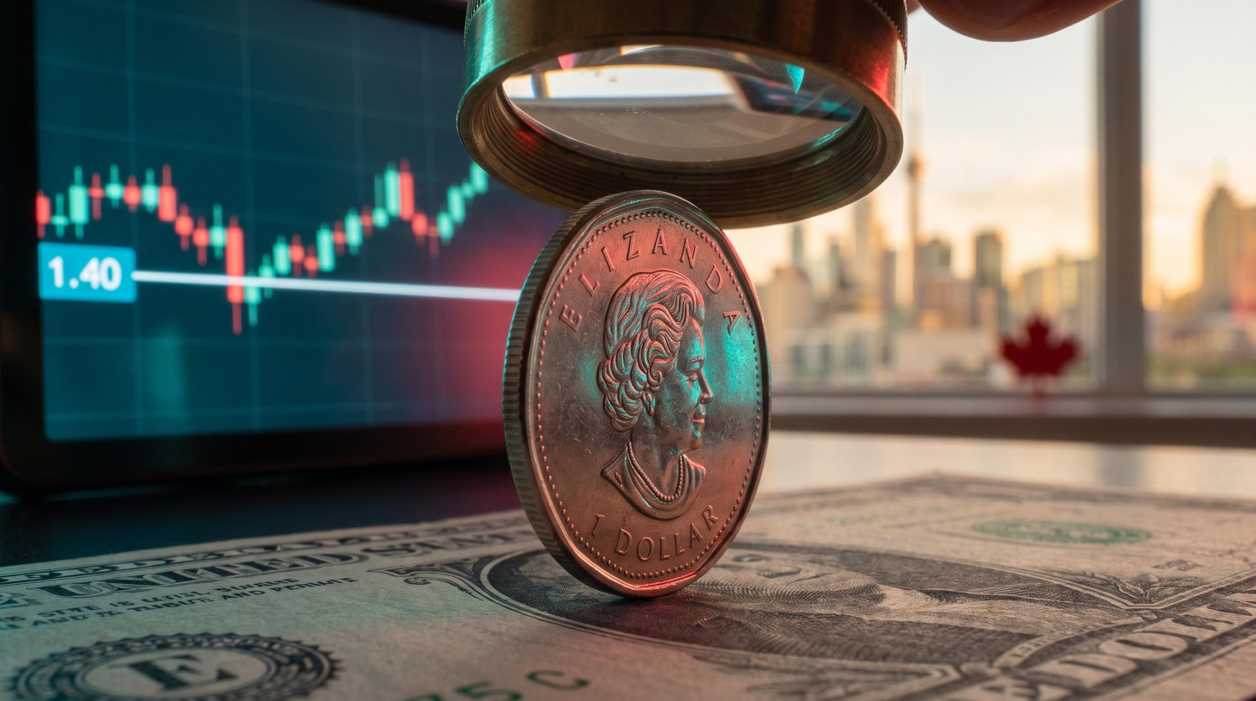 Canadian loonie coin on a US dollar note with 1.40 level on a screen, illustrating the USD/CAD forecast standoff