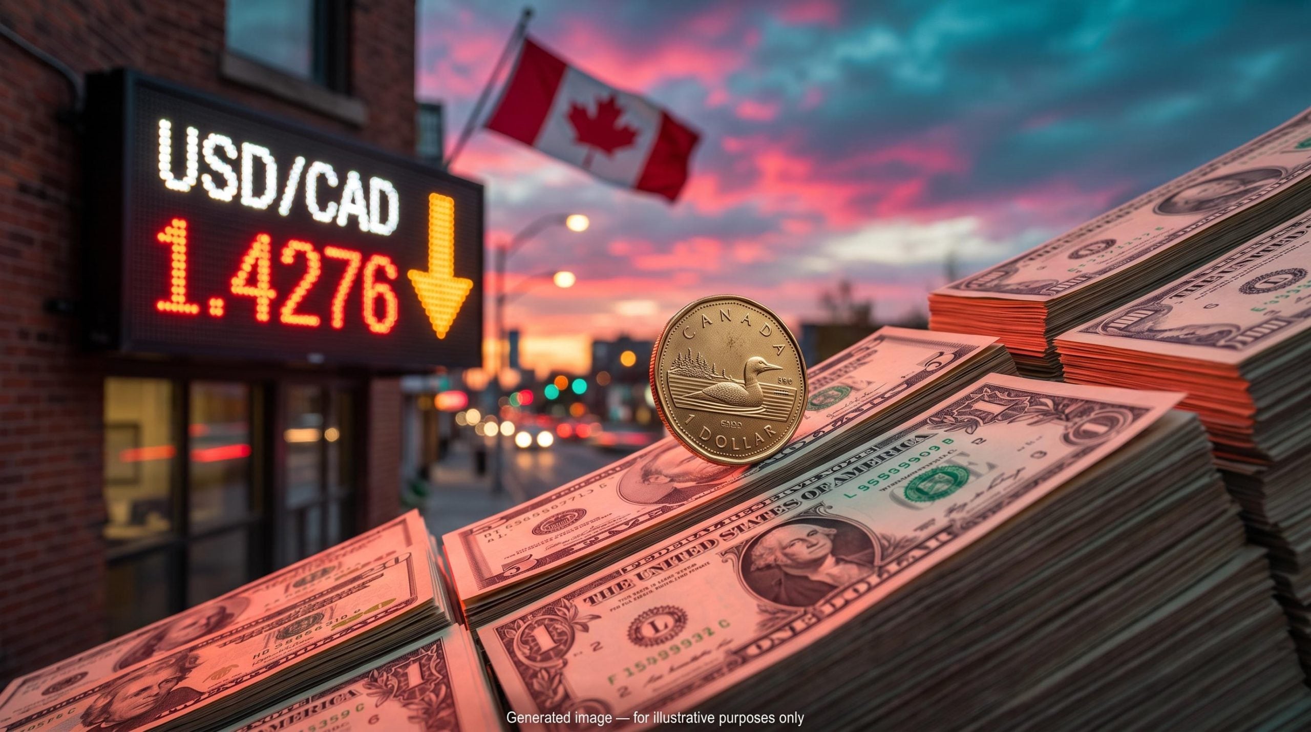 Canadian loonie coin sliding down US dollar notes beside USD/CAD 1.4276 board in USD/CAD forecast after jobs report