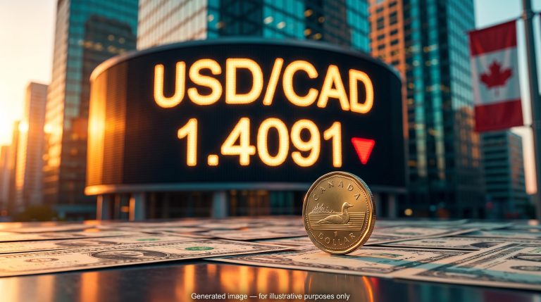 Canadian loonie coin on US dollar notes before a USD/CAD forecast board showing 1.4091 as the rally stalls