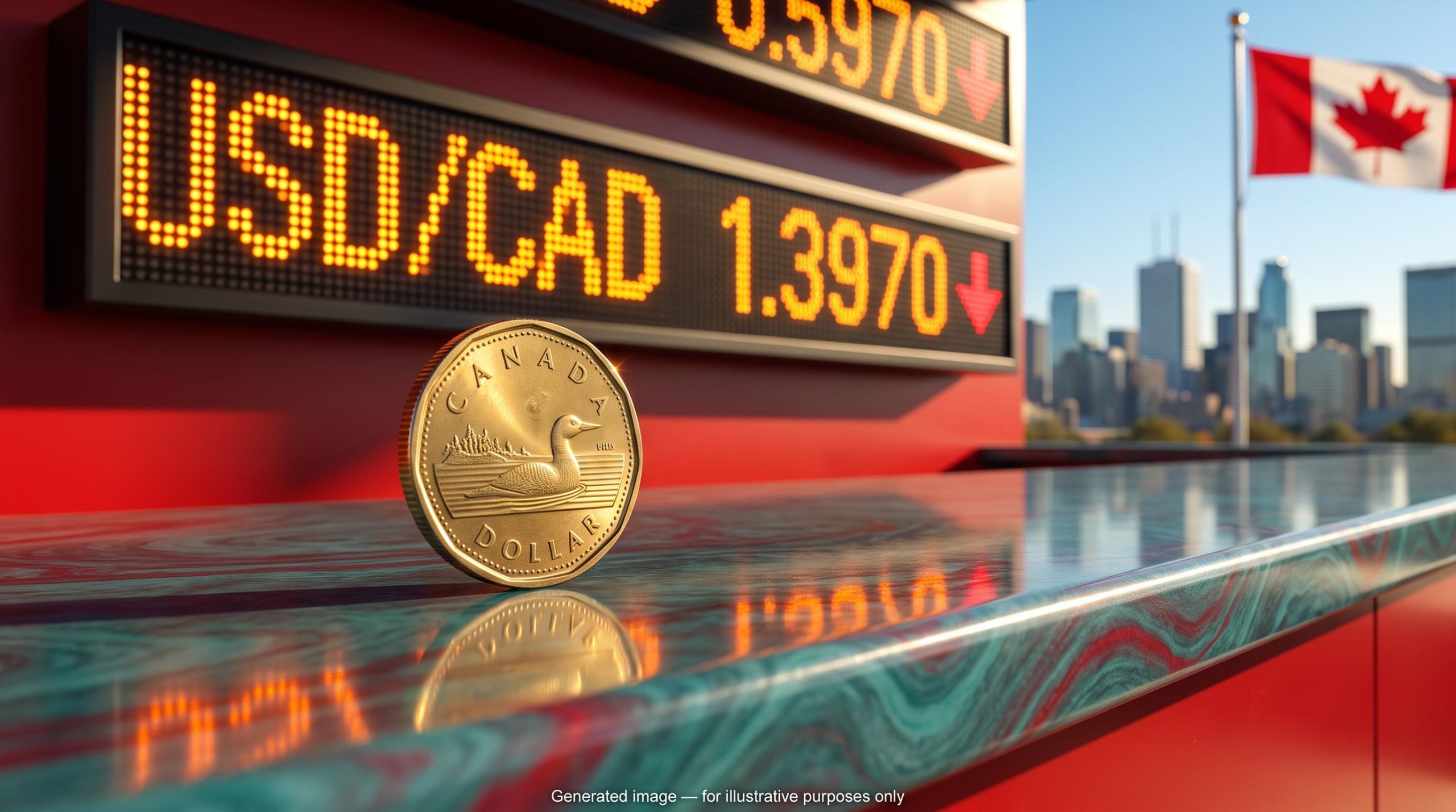 Loonie coin before a rate board showing USD/CAD 1.3970 as the USD CAD forecast shifts after a US-Iran call