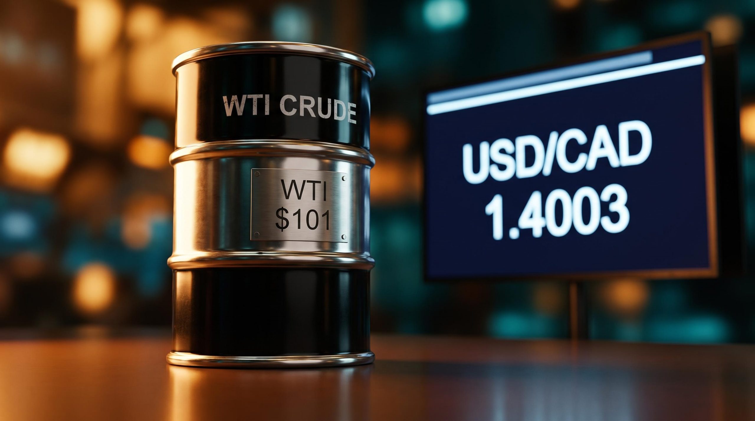 WTI oil barrel at $101 beside a USD/CAD 1.40 rate display, visualising the broken oil-loonie correlation