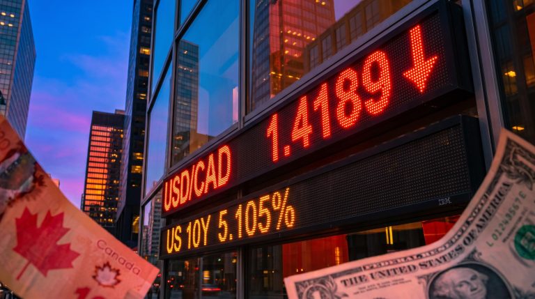 USD/CAD forecast: electronic board shows USD/CAD 1.4189 two-week low as Treasury yields fall over Toronto skyline