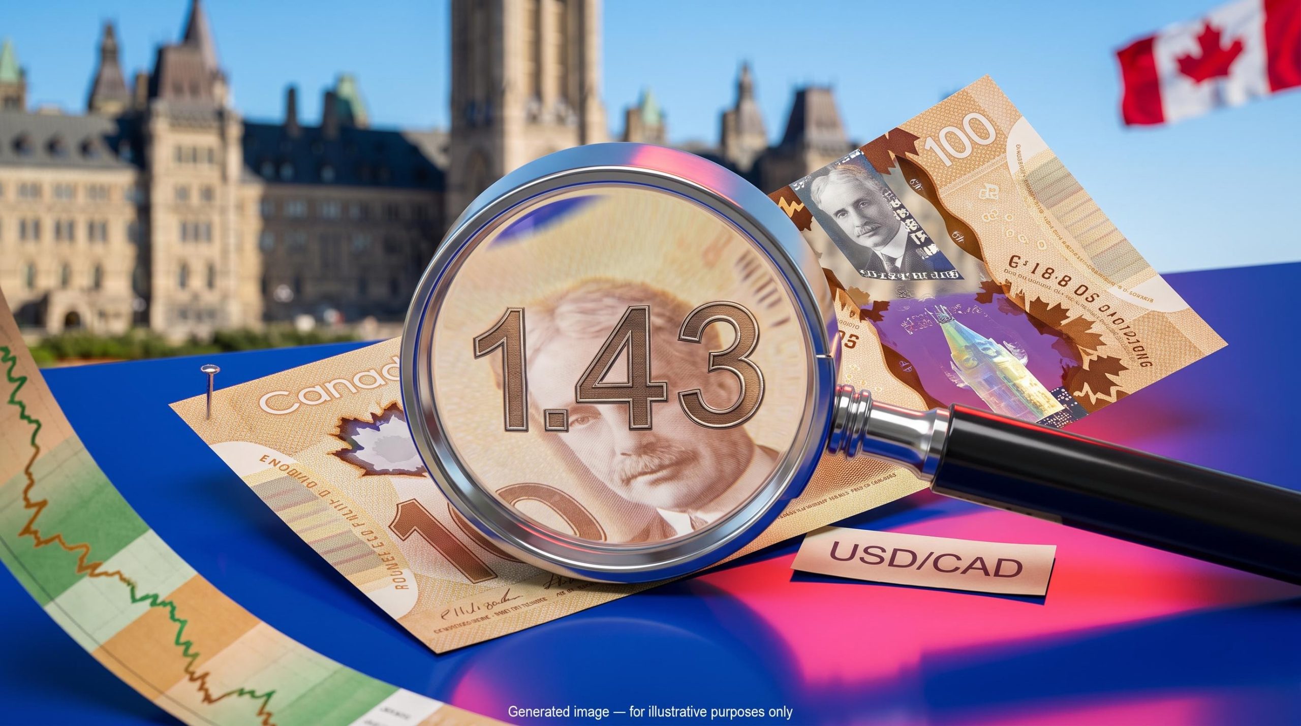 Magnifying loupe over a banknote showing 1.43 resistance level in the USD/CAD outlook after Canada's September CPI