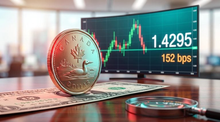 Canadian loonie coin on a US dollar note before a chart showing 1.4295 and a 152 bps yield spread, USD/CAD outlook