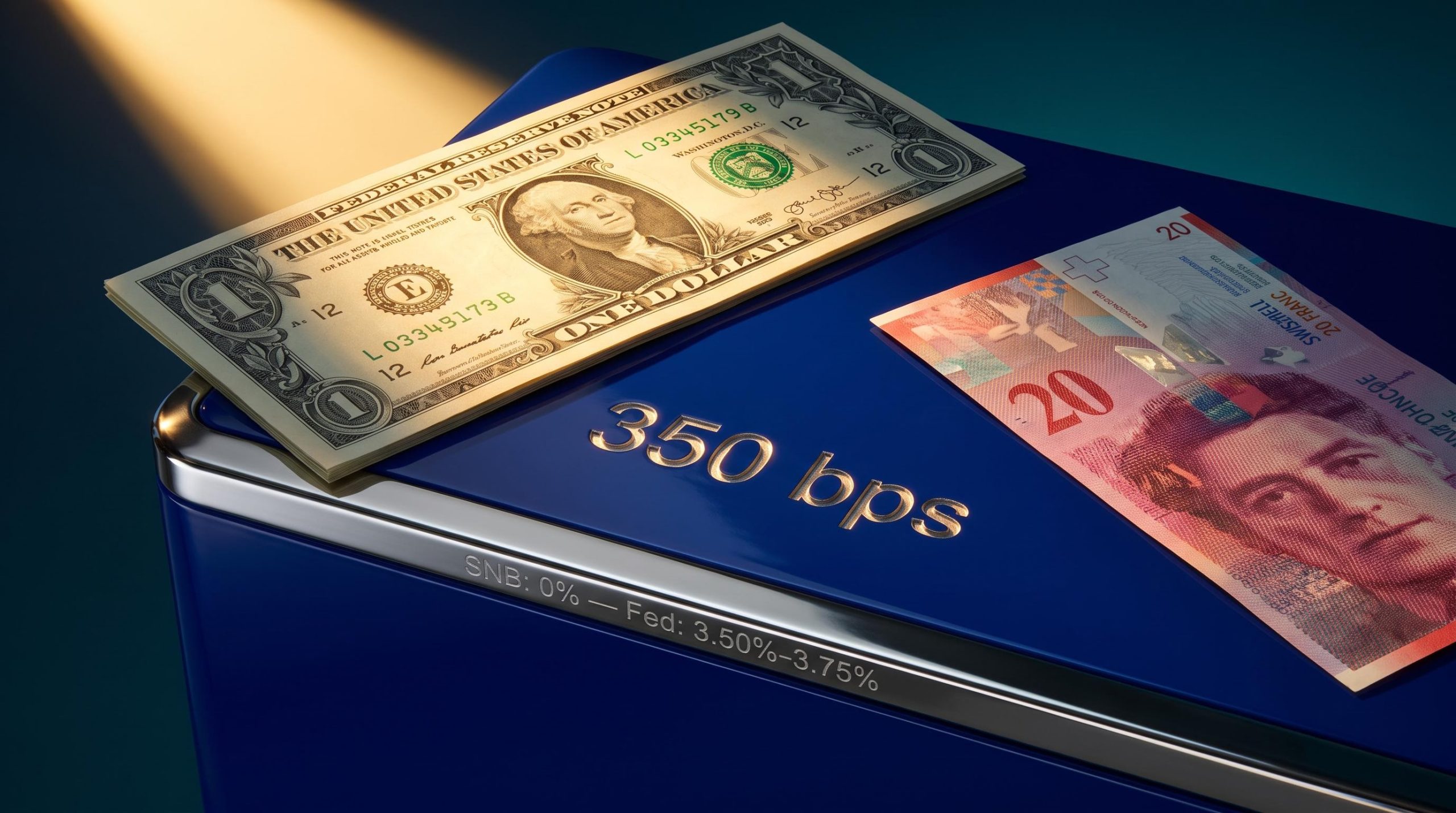 USD and CHF notes with 350 bps rate gap etched in chrome — SNB 0% vs Fed 3.50%-3.75% USD/CHF analysis