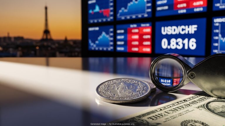 USD/CHF analysis: Swiss franc coin and dollar note under a loupe before screens showing USD/CHF 0.8316 and a Paris skyline