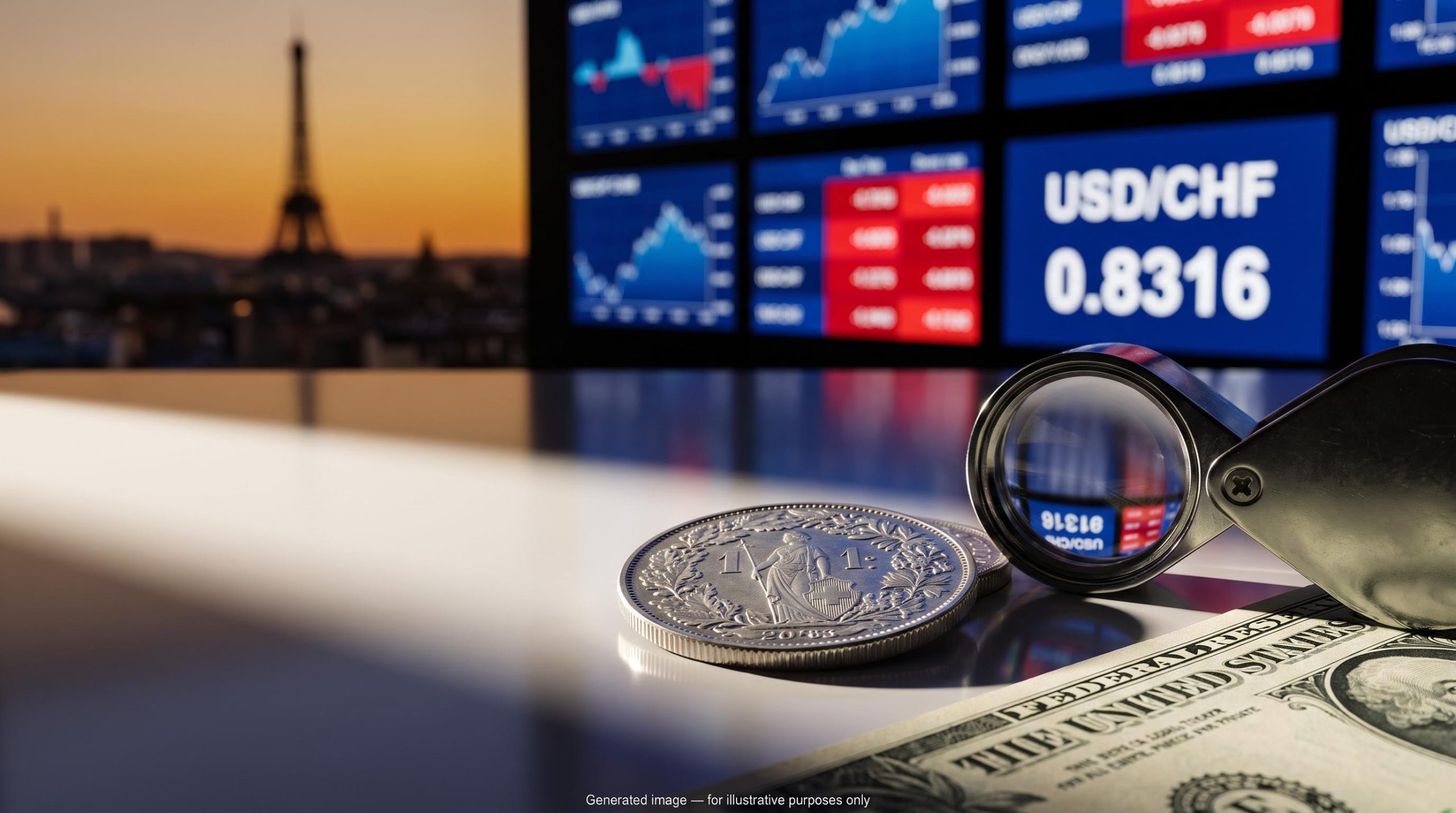 USD/CHF analysis: Swiss franc coin and dollar note under a loupe before screens showing USD/CHF 0.8316 and a Paris skyline
