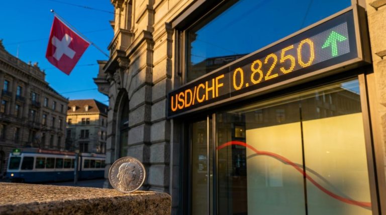 Zurich rate board showing USD/CHF 0.8250 beside a Swiss franc coin, illustrating the USD CHF forecast after a rebound