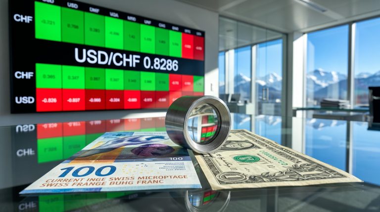 USD/CHF at 0.8286 on a currency heat map with a Swiss franc note and US dollar bill under a loupe on a trading floor