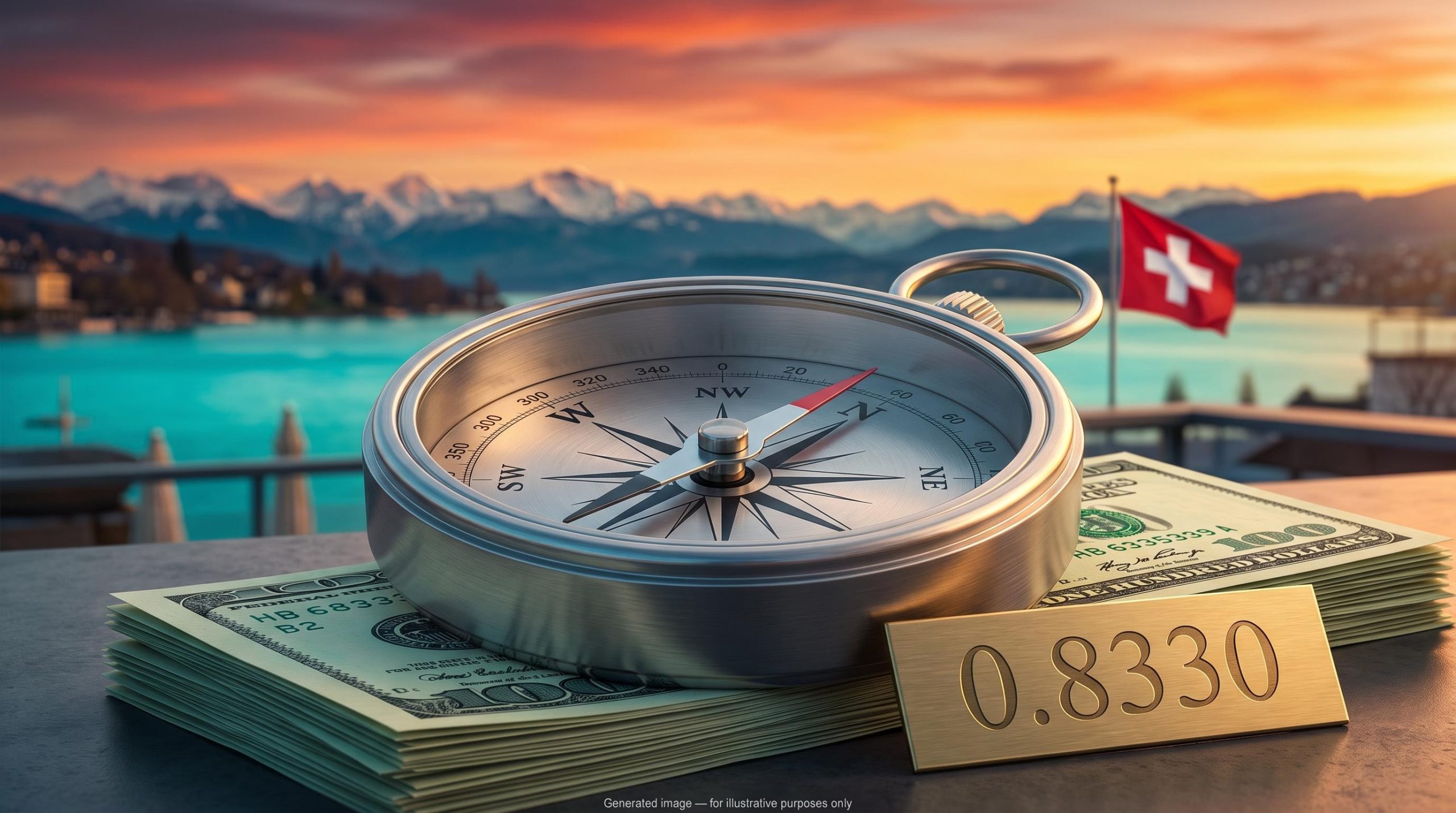 USD/CHF outlook: compass needle wavering on US dollar bills before a Swiss lake at sunset, with 0.8330 plaque