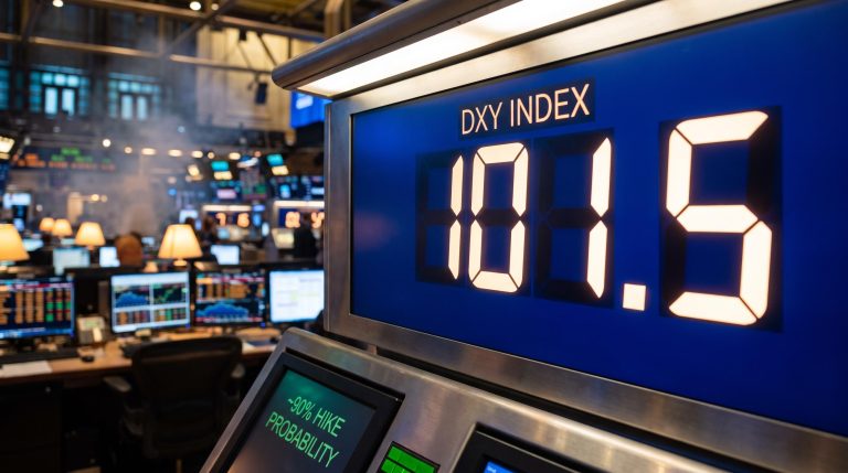 DXY trading board showing 101.5 as USD higher-for-longer bets hit 90% hike probability after Kashkari CFR remarks