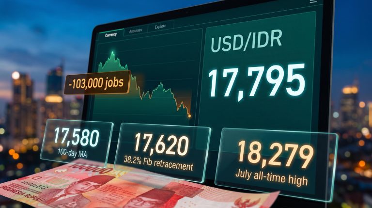 USD/IDR terminal showing 17,795 rate with July high of 18,279 and -103,000 payroll miss overlaid