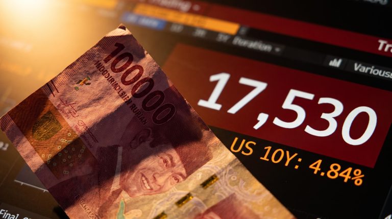 Indonesian rupiah note under pressure with USD/IDR at 17,530 and US 10-year yield at 4.84% on trading screen