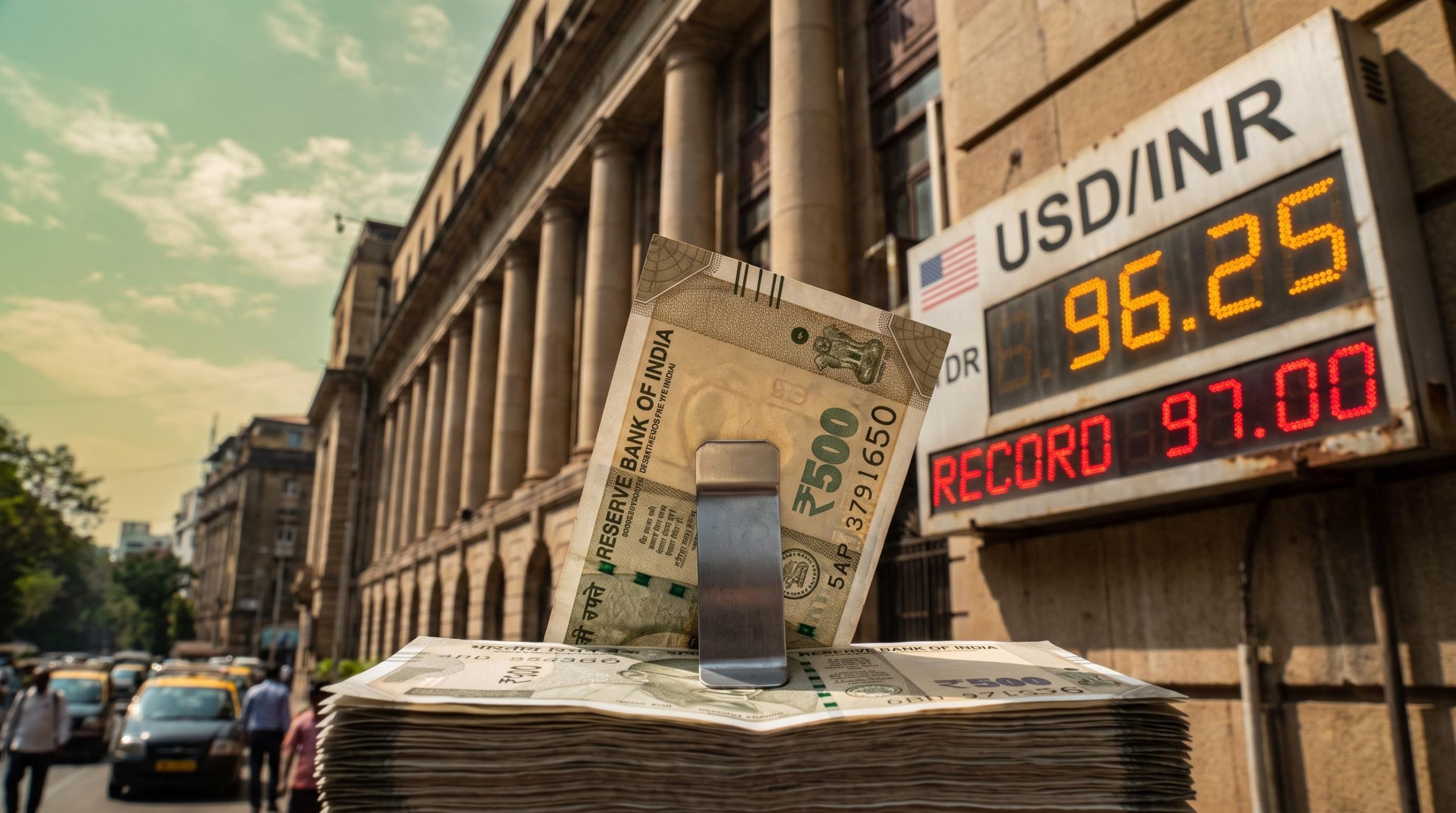 Rupee note before RBI building with board showing USD/INR 96.25 near the 97.00 record in this USD/INR outlook