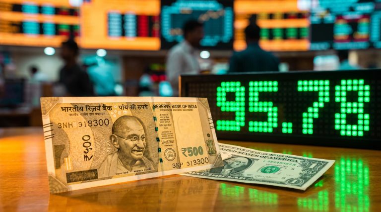 Indian rupee note beside US dollar with 95.78 on a dealing board as the USD INR outlook shifts after RBI curbs
