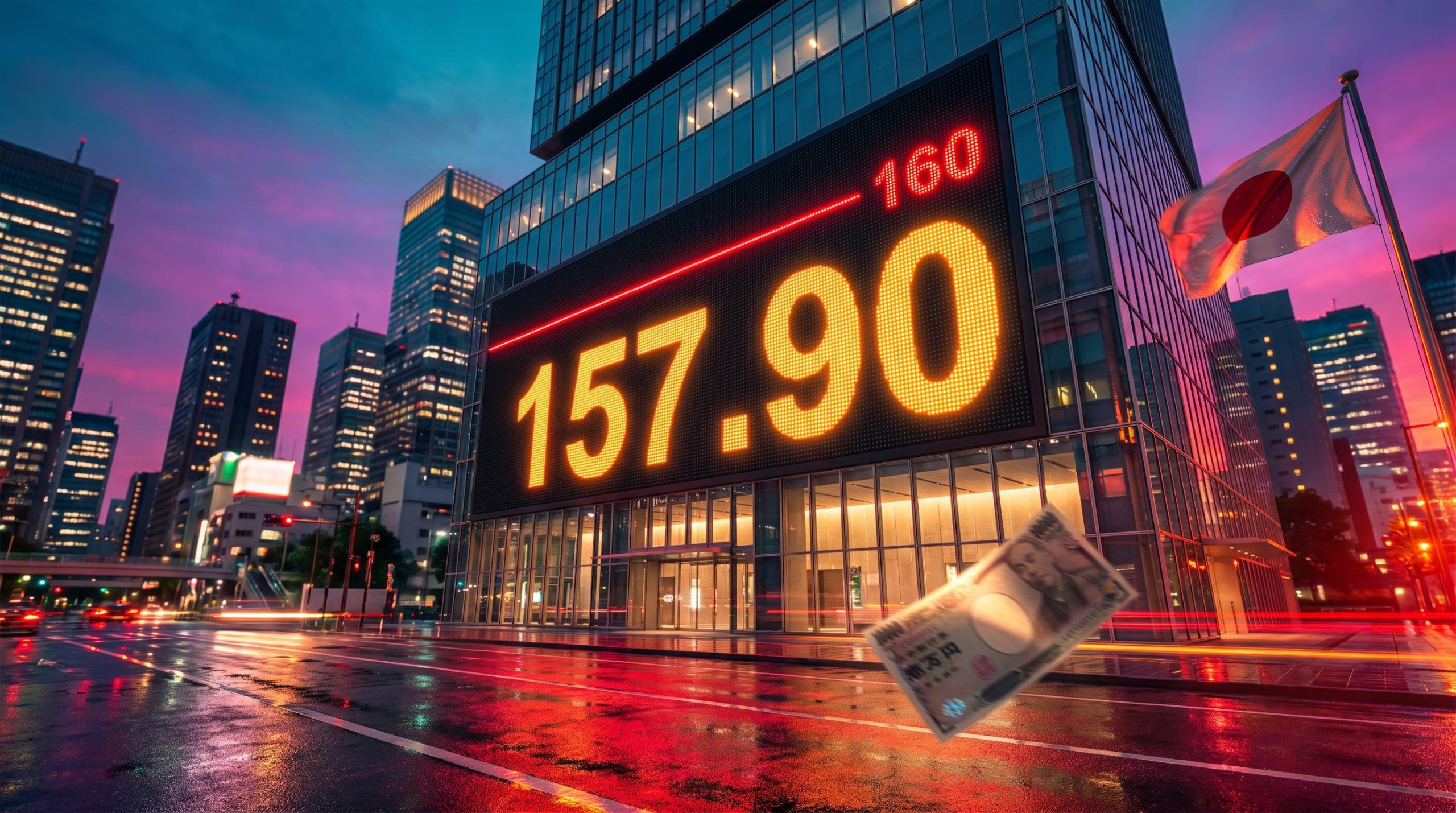 USD JPY analysis: Tokyo LED board showing 157.90 beneath a red 160 intervention ceiling line at twilight
