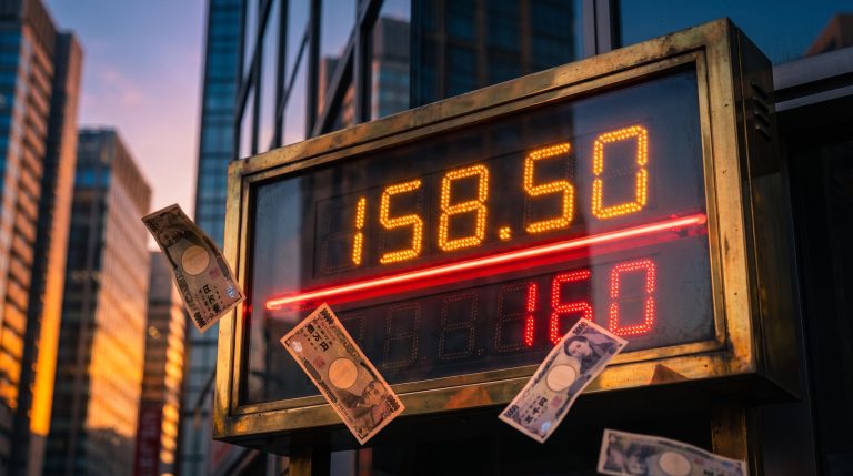 USD/JPY analysis: glowing 158.50 display with red trend line over Tokyo skyline, yen notes in foreground