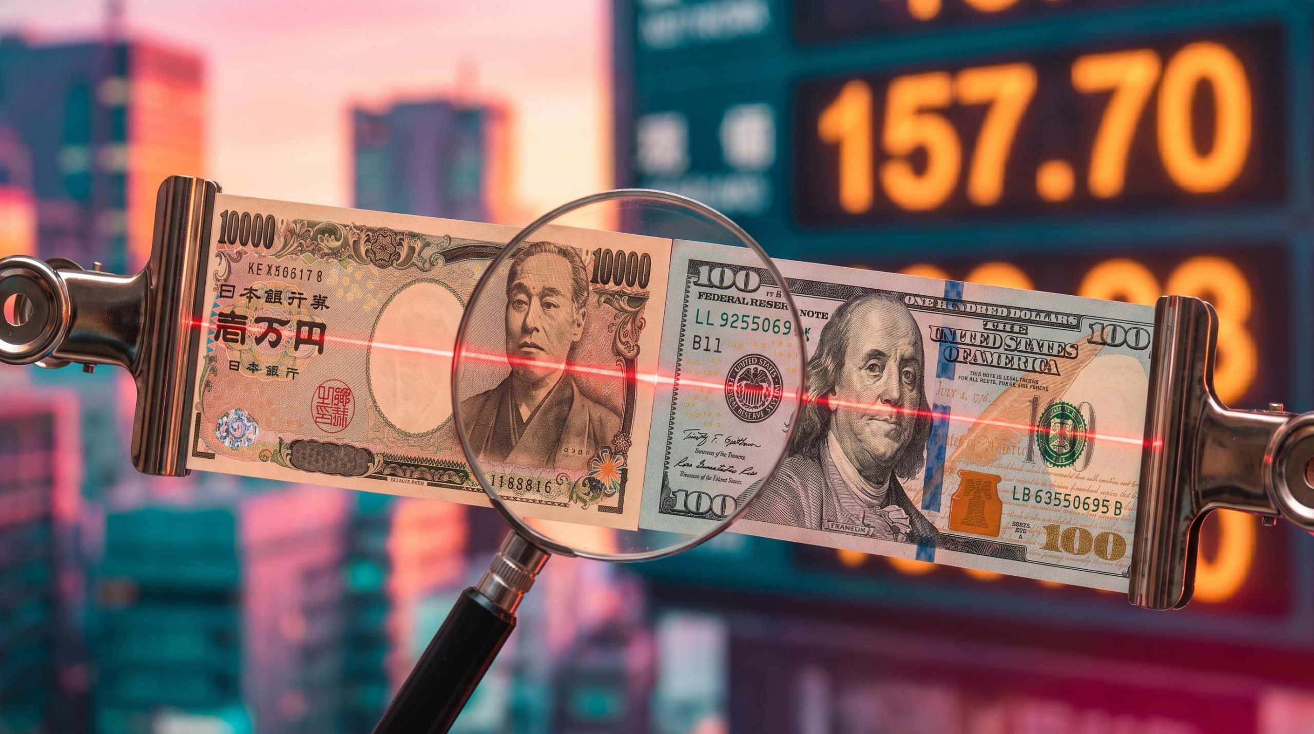 USD/JPY analysis: dollar and yen notes held in tension before a Tokyo sunrise rate board showing 157.70