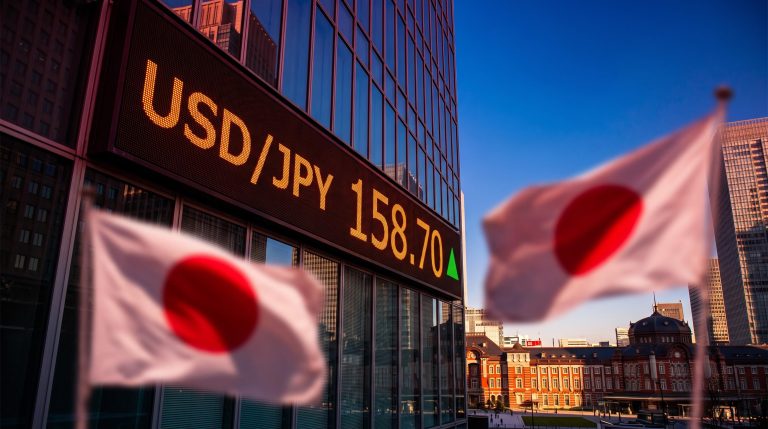 Tokyo exchange board showing USD/JPY 158.70 against a red-lit skyline in a USD/JPY forecast near the ¥160 intervention line