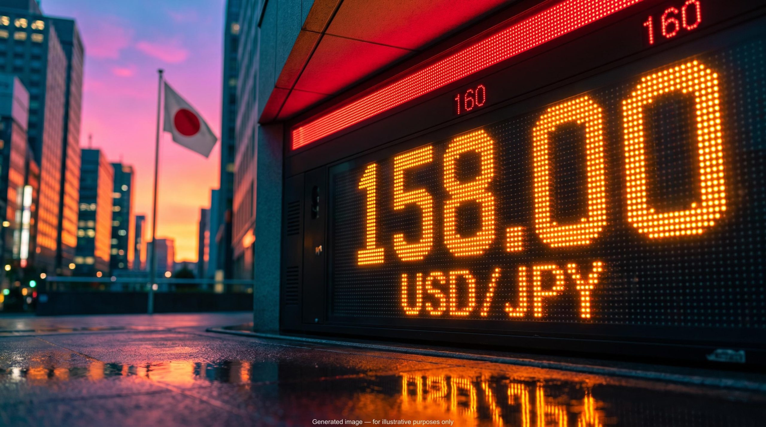 USD/JPY forecast: LED board showing 158.00 under a red 160 intervention ceiling at Tokyo dusk, Japanese flag behind