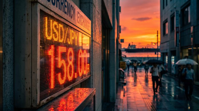 Tokyo exchange board showing USD/JPY at 158.00 at dusk, illustrating the USD/JPY forecast ahead of Fed and BoJ decisions