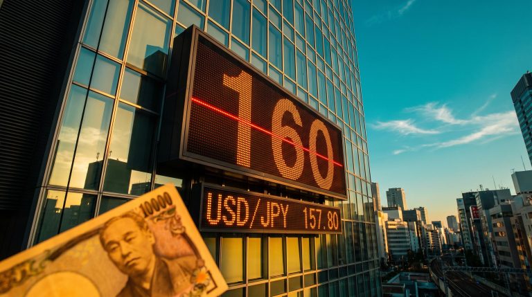 USD/JPY forecast: glowing 160 yen intervention level on a Tokyo tower board with USD/JPY near 157.80