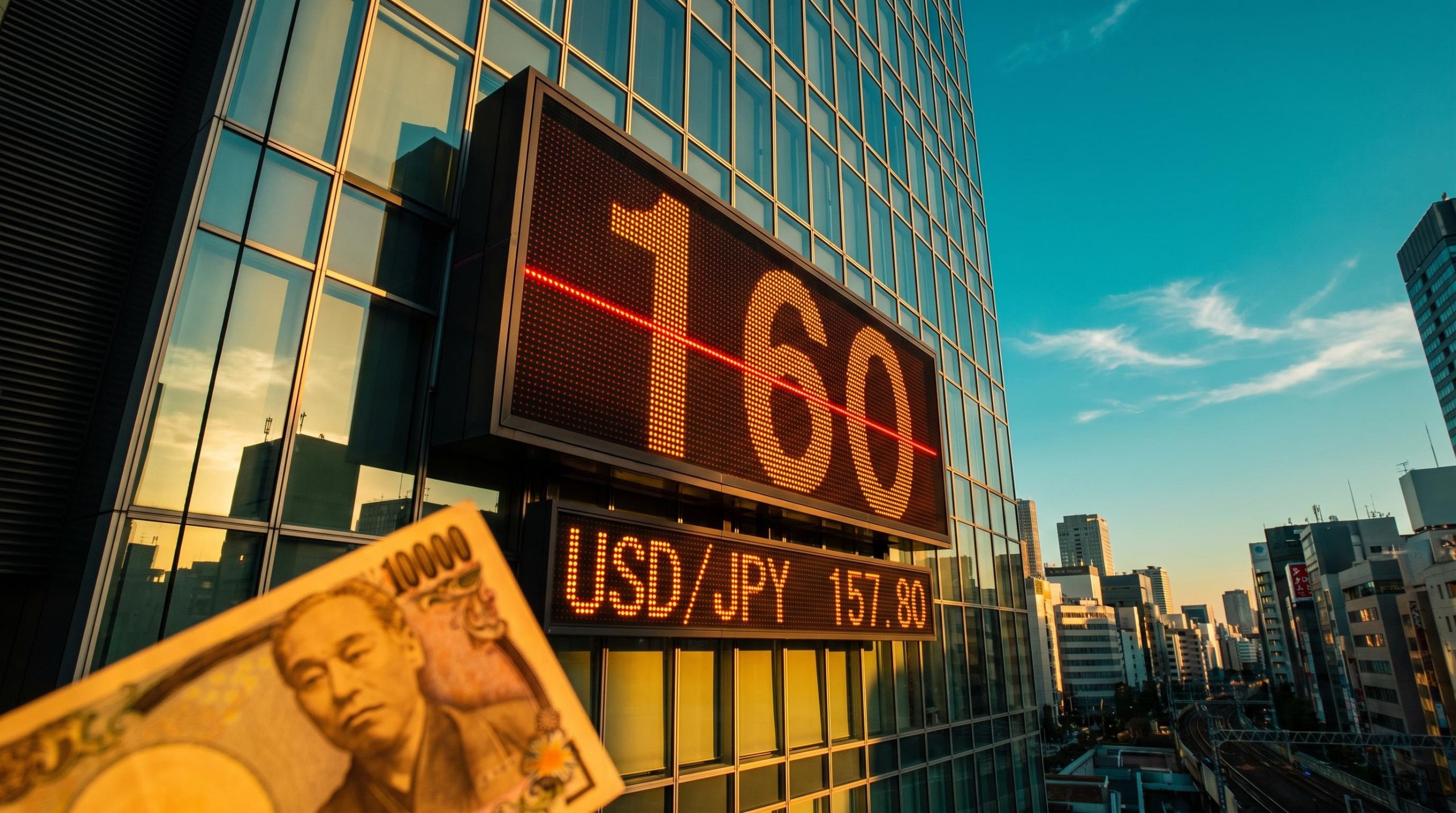 USD/JPY forecast: glowing 160 yen intervention level on a Tokyo tower board with USD/JPY near 157.80