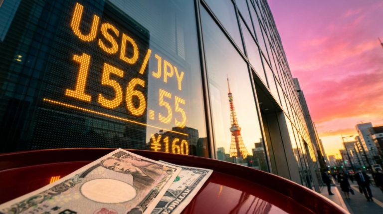 USD/JPY forecast: Tokyo exchange board showing 156.55 with yen and dollar notes at sunset as the BoJ weighs its next hike