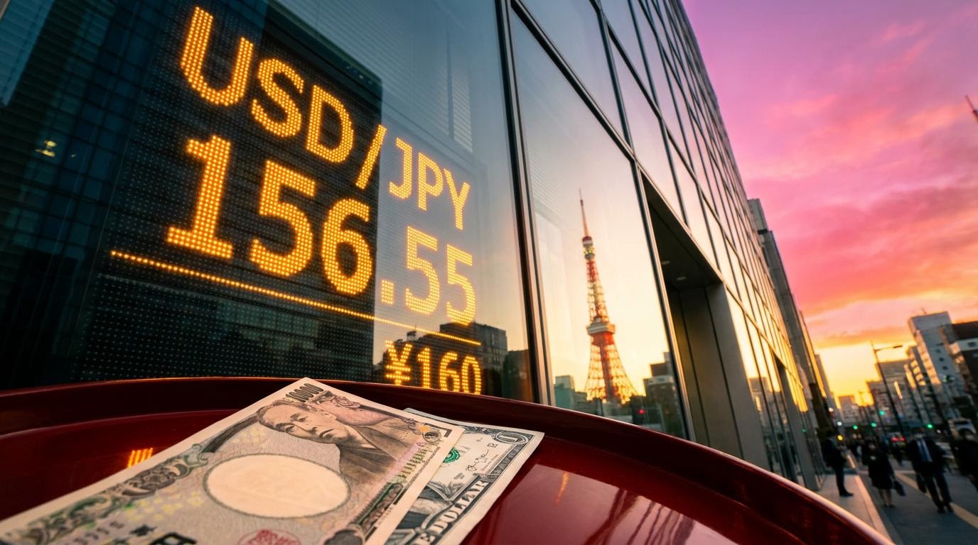 USD/JPY forecast: Tokyo exchange board showing 156.55 with yen and dollar notes at sunset as the BoJ weighs its next hike