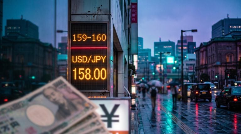USD/JPY forecast: Tokyo currency board showing 158.00 with intervention zone line at dusk after BoJ speech