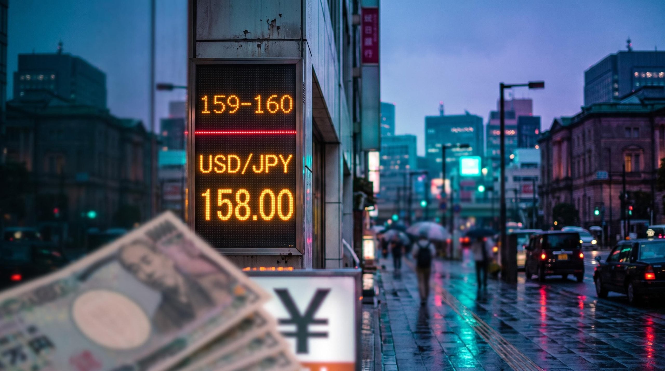 USD/JPY forecast: Tokyo currency board showing 158.00 with intervention zone line at dusk after BoJ speech