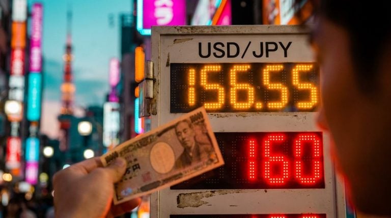 USD/JPY forecast: Tokyo exchange board showing 156.55 beside a red 160 warning marker and a yen banknote