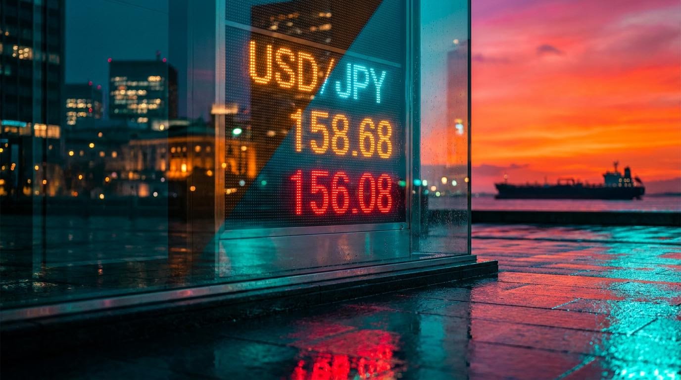 USD/JPY forecast: Tokyo exchange board showing 158.68 and 156.08 at dusk as oil and yields pull the yen both ways