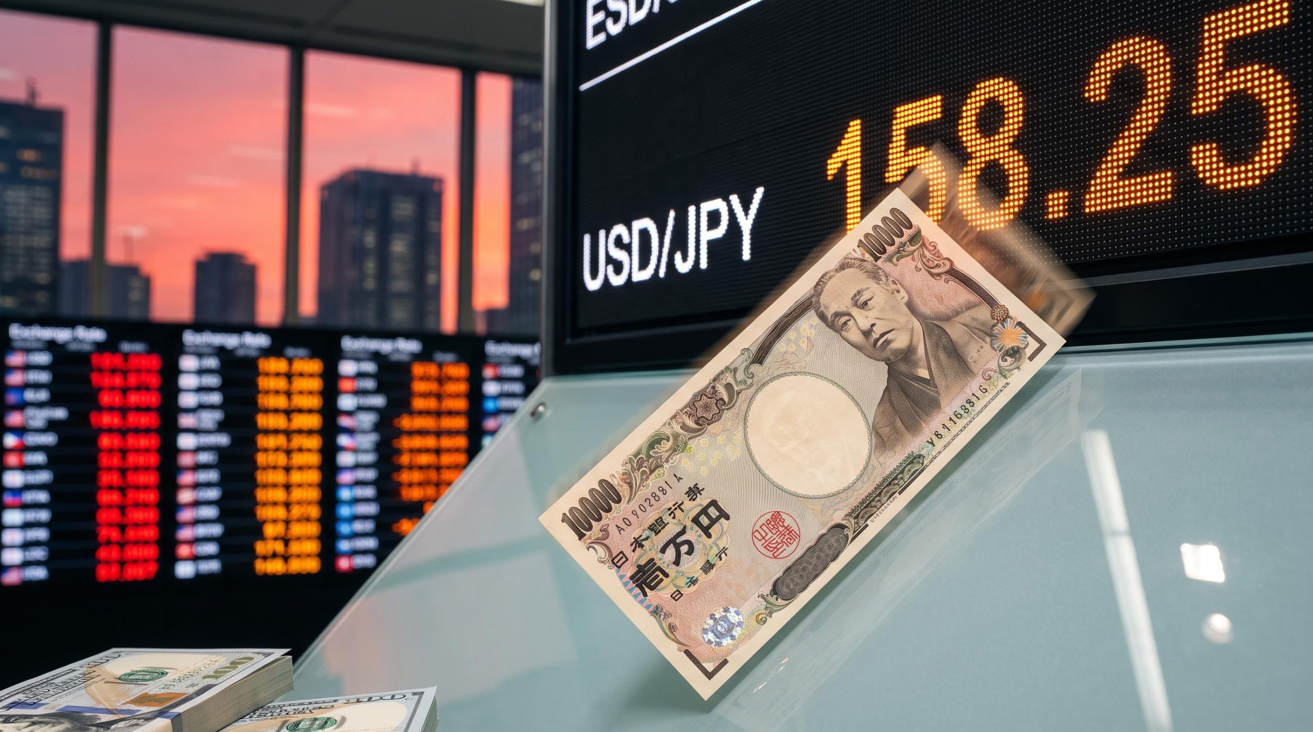 Yen banknote sliding down an exchange board showing USD/JPY at 158.25 in a USD/JPY forecast news scene