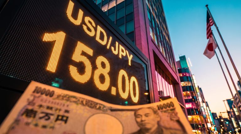 USD/JPY outlook: Tokyo LED exchange board showing 158.00 as US pressure on Japan's yen policy barely moves the market
