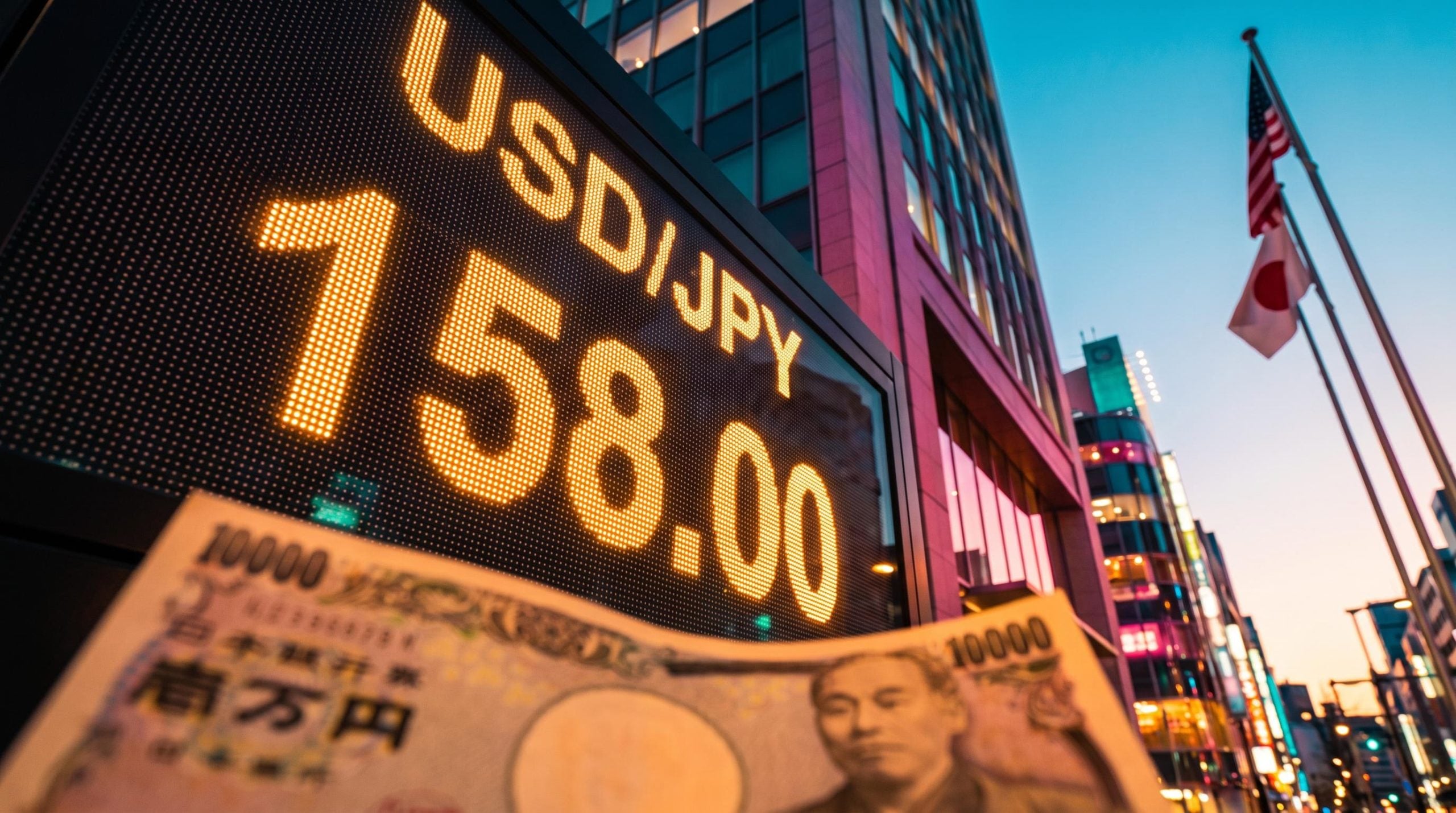 USD/JPY outlook: Tokyo LED exchange board showing 158.00 as US pressure on Japan's yen policy barely moves the market