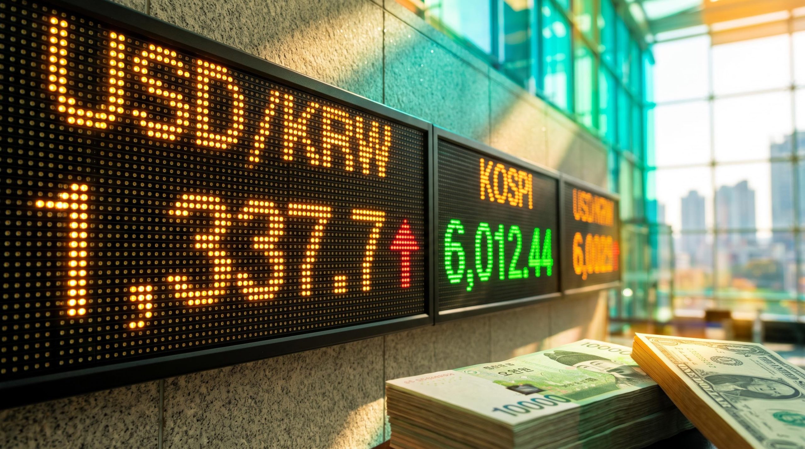 Seoul currency board showing USD/KRW 1,337.7 beside KOSPI 6,012.44, illustrating the USD/KRW forecast divergence