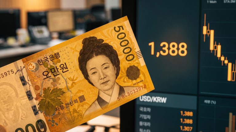 South Korean won note in close-up with USD/KRW resistance level 1,388 on trading screen behind