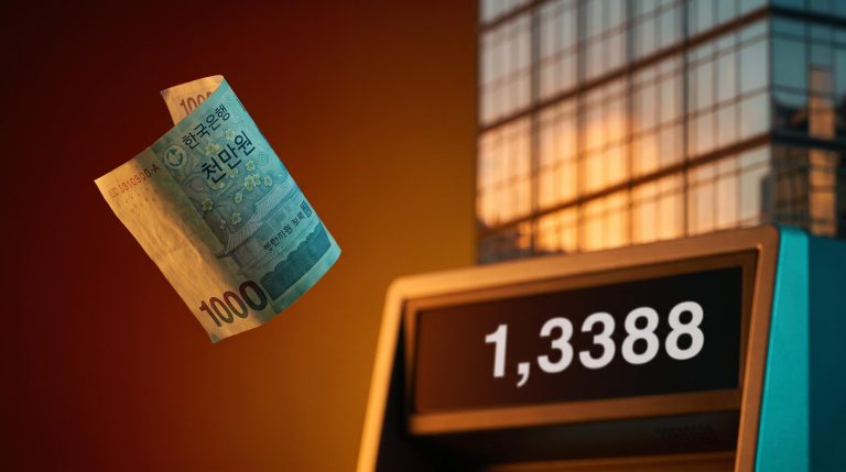 South Korean won banknote falling near 1,388 per dollar as USD/KRW forecast hangs at a technical inflection point