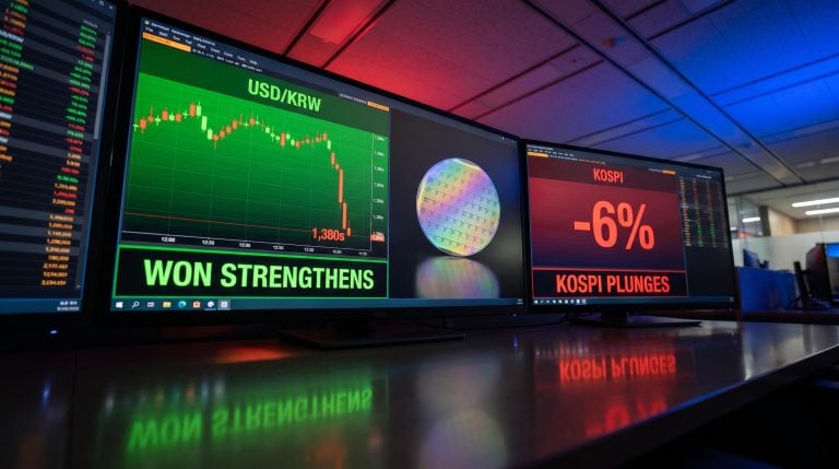 USD/KRW rate dropping to mid-1,380s on FX screens as KOSPI shows -6% amid Won-equity divergence
