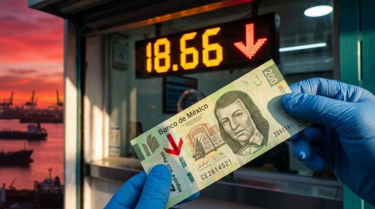 Mexican peso banknote before an exchange board showing 18.66 as Gulf tankers loom, illustrating the USD/MXN forecast