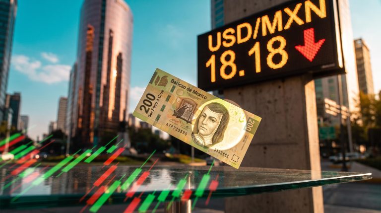 Mexican peso banknote before an exchange board showing USD/MXN 18.18, illustrating the USD/MXN forecast after the peso fell