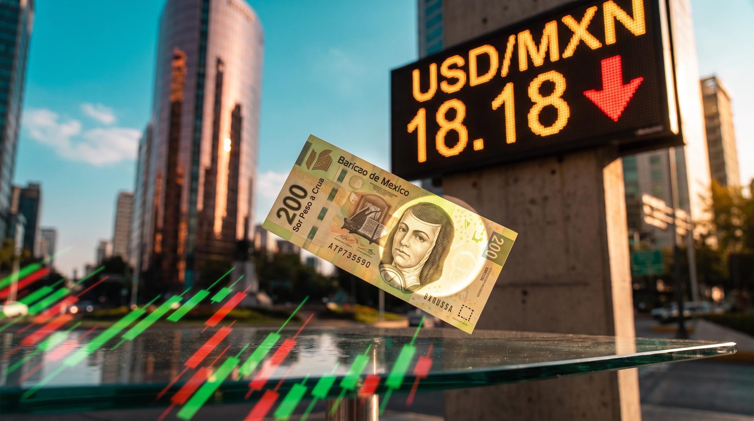 Mexican peso banknote before an exchange board showing USD/MXN 18.18, illustrating the USD/MXN forecast after the peso fell