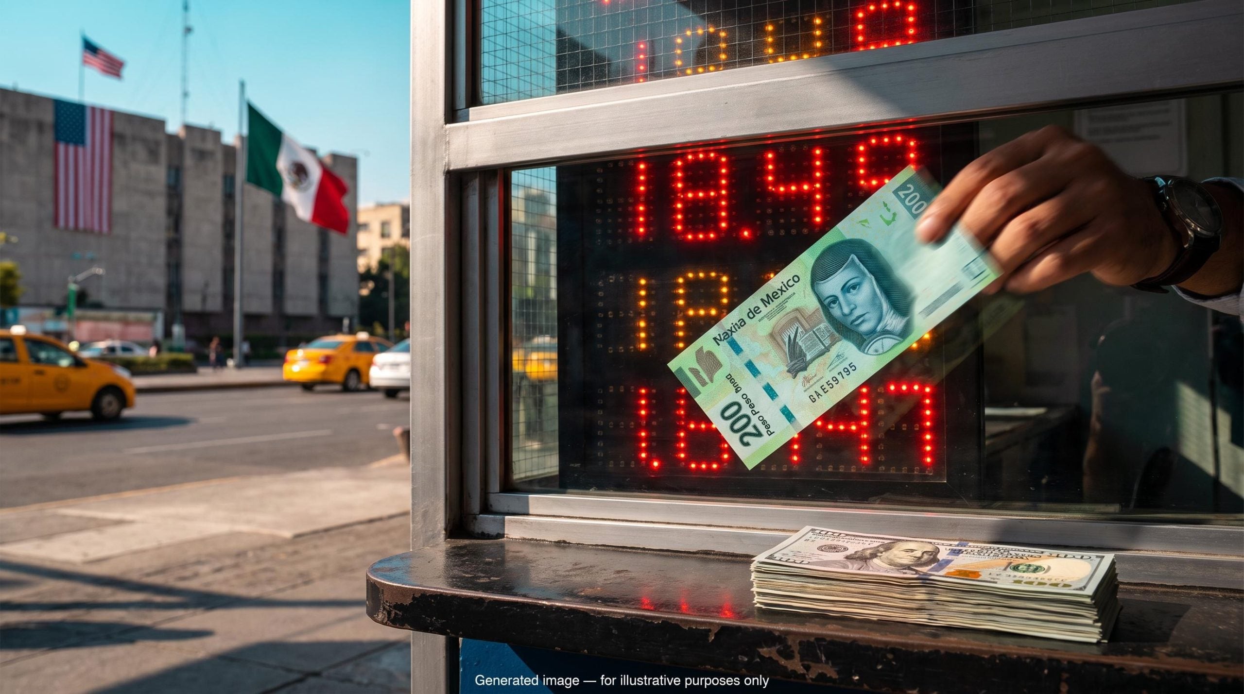 Mexican peso note slipping from an exchange booth showing 18.49 as USD/MXN heads for a sixth weekly gain